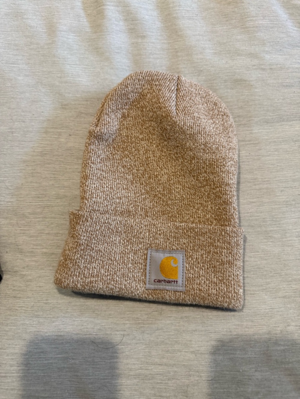 Carhartt Tan Heather Cuffed Beanie with Yellow Logo Patch